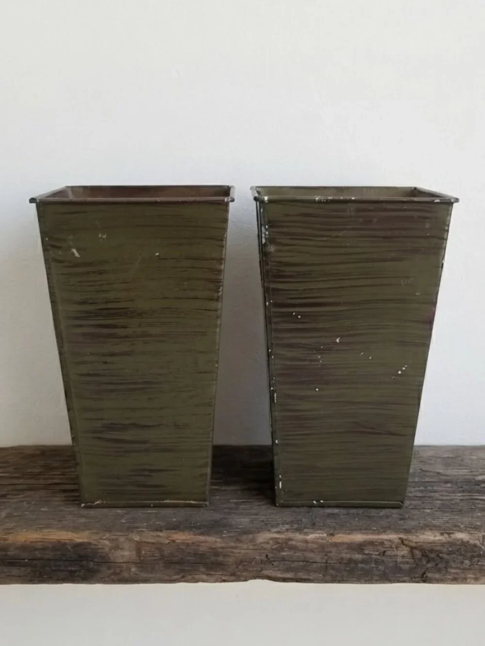 Vintage Metal Vases Planters Set of 2 Rectangular Tapered Industrial Rustic 8.5